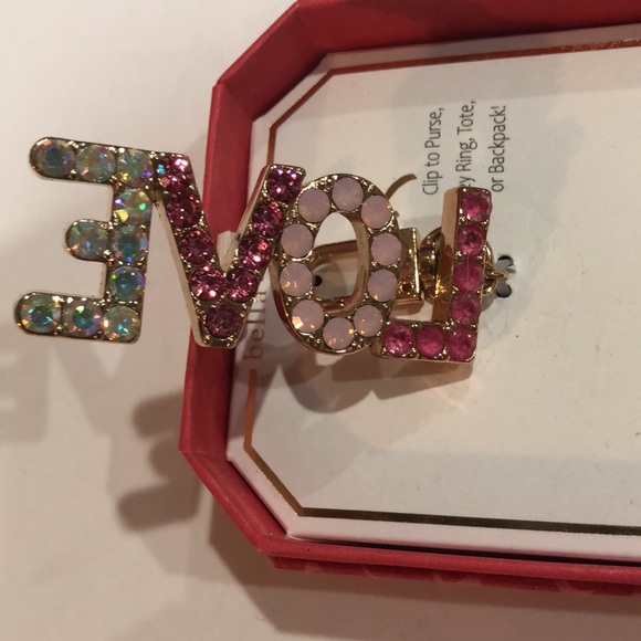 Pink Gemstone‎ adorned gold tone LOVE monogram bag charm new - Picture 3 of 5